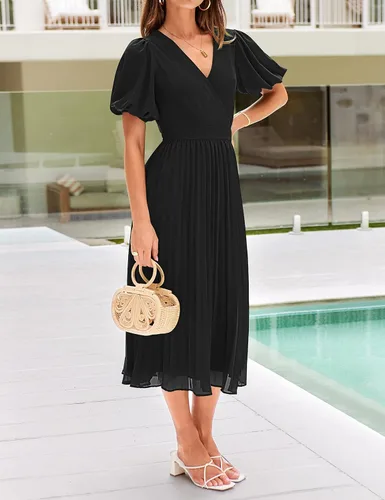 Vista 3 de MEROKEETY Vestido midi plisado con cuello en V y mangas abullonadas para mujer, para invitadas de boda