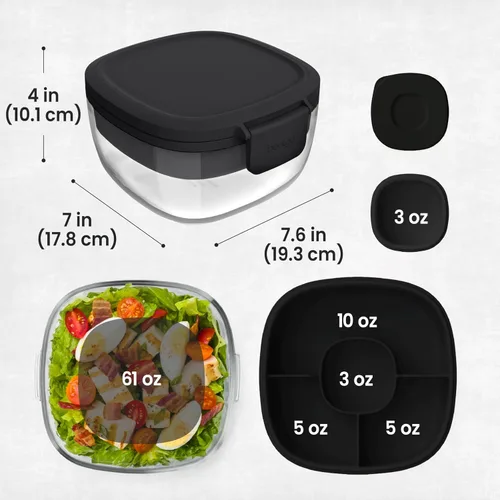 Vista 6 de Bentgo Recipiente de Ensalada de Vidrio Todo en Uno - Ensaladera Grande de 61 oz con Tapa, Bandeja Estilo Bento de 4 Compartimentos, Recipiente