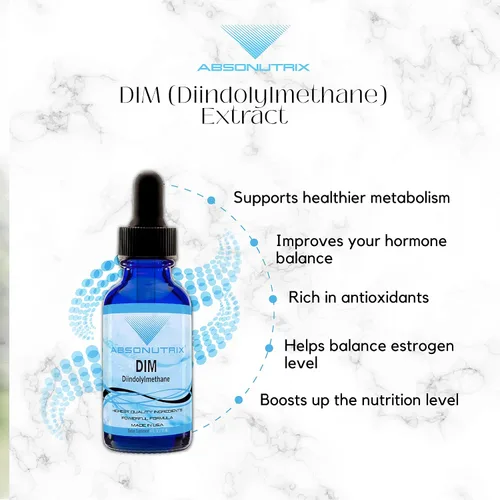 Vista 3 de DIM (Diindolilmetano) Extracto de 593 mg, botella de 4 onzas, 200 porciones potentes, gotas probadas por terceros, absorción rápida, sin gluten