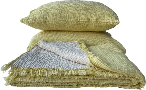 Vista 7 de DEKADRON Manta 100% de muselina de algodón, colcha de 4 capas, funda de cama suave de muselina de algodón turco, colcha reversible, color amarillo