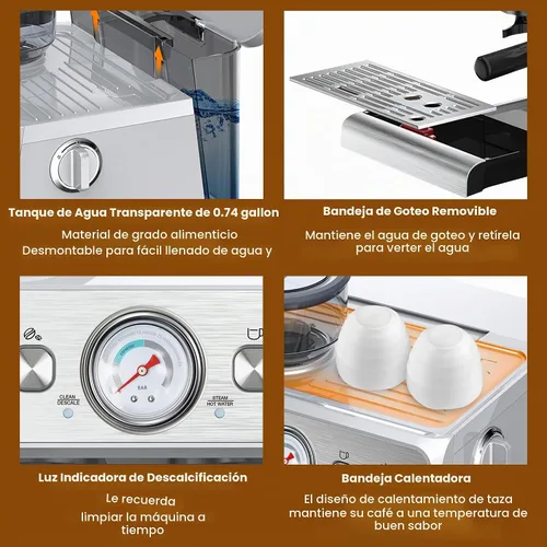 Vista 5 de [Usado] Máquina de café expreso con molinillo integrado, cafetera profesional de 15 barras con espumador de leche, cafetera espresso de acero