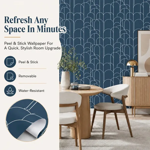 Vista 2 de LXCREAT Papel tapiz azul despegar y pegar, papel tapiz geométrico moderno, 17.71 in X 118 in, papel de contacto autoadhesivo removible mate, fácil