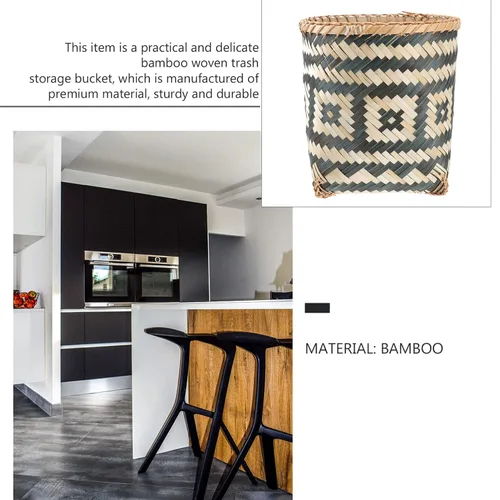 Vista 7 de Ipetboom Cesta de basura tejida de bambú: cesta de basura decorativa de granja, cubo de basura redondo de ratán, cesta de lavandería de mimbre