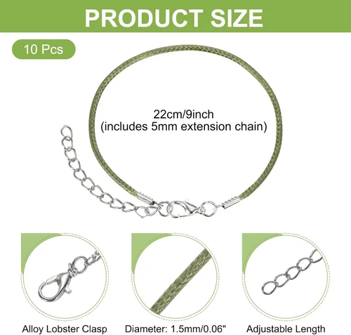Vista 2 de MECCANIXITY 10 cordones de pulsera verde militar, pulsera de amistad ajustable de 9 pulgadas, cordón de poliéster encerado de 0.059 in con cierre