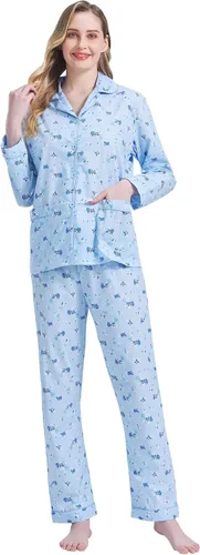 Vista 5 de Amaxer Conjunto de pijama 100% algodón para mujer, de manga larga, suave, con botones, con cordón elástico