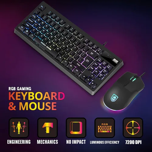 Vista 6 de Combo de teclado y mouse RGB para juegos 87 teclas teclado para juegos con cable USB sensación mecánica retroiluminada con 7200 DPI para PC MAC PS4