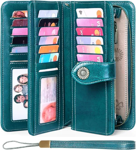Vista 2 de FALAN MULE Cartera de cuero genuino RFID bloqueo gran capacidad Trifold señoras cartera.