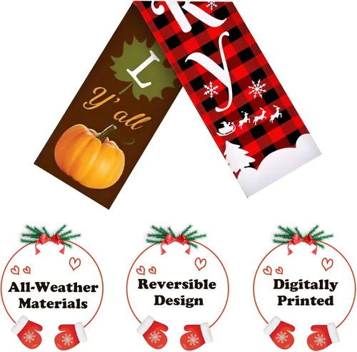 Vista 5 de Cartel reversible de Navidad y Acción de Gracias de 3 piezas, cartel de porche de Feliz Navidad y cosecha de otoño, cartel colgante a cuadros