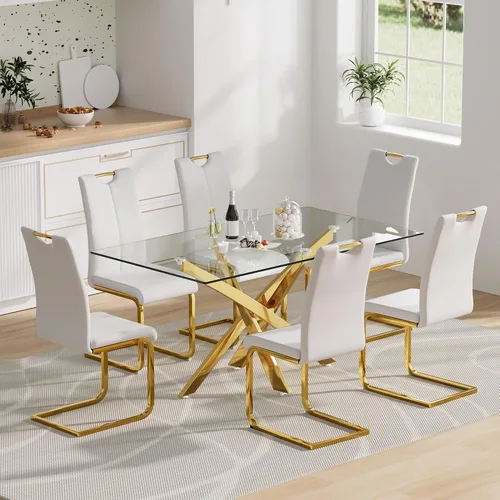 Vista 17 de Juego de mesa de comedor de cristal para 4, juego de mesa de cocina moderno de 5 piezas 52''Rectangular Glass Dining Set with 4 PU Leather