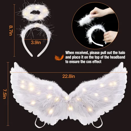Vista 6 de Alas de ángel LED y halo, disfraz de ángel con luz para Halloween, halo, hada blanca, alas de cupido, disfraz de ángel para niñas, niños y mujeres