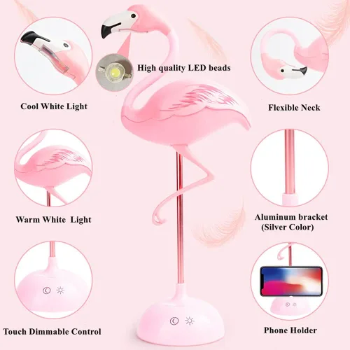 Vista 3 de Fantasee Lámpara de escritorio de flamenco, lámpara de mesita de noche USB, luz nocturna táctil regulable para niños, niños, estudiantes