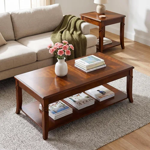 Vista 11 de Mesa auxiliar de madera maciza con estante de almacenamiento, mesa auxiliar rectangular vintage para sofá con mesa de empalme y patas talladas, mesa