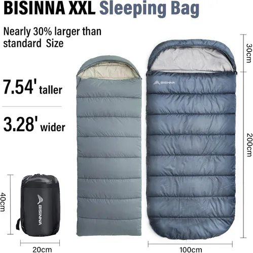Vista 2 de BISINNA Saco de dormir XXL (90.55 x 39.37 pulgadas) para adultos grandes y altos, 3-4 estaciones, tamaño grande, cálido y cómodo, impermeable