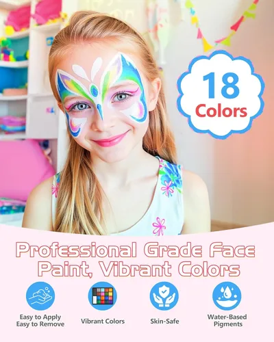 Vista 3 de Lictin Pintura Facial a Base de Agua - Kit de Pintura Facial de 18 Colores con Plantillas y Brochas, Kit de Maquillaje de Halloween para Adultos