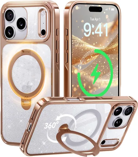 Vista 26 de CASEKOO Funda plateada brillante para iPhone 17 Pro con soporte magnético giratorio de 360 grados [compatible con MagSafe]
