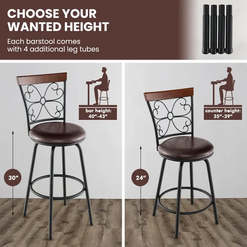 Vista 6 de COSTWAY Taburetes de bar para isla de cocina, taburetes de bar giratorios de altura de asiento ajustable de 24/30 pulgadas, asiento acolchado