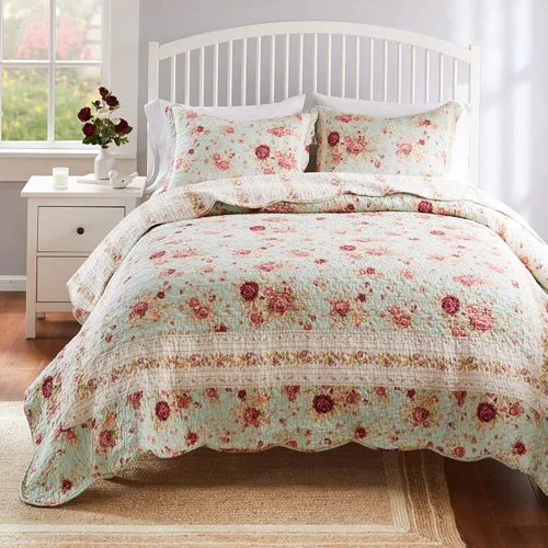 Vista 9 de Greenland Home juegos de edredón con diseño de rosas antiguas de 100% algodón de calidad hereditaria, 2 piezas, tamaño individual/XL, azul