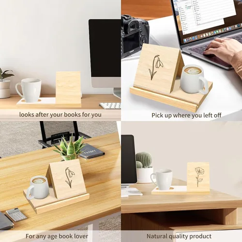 Vista 7 de Soporte de libro triangular de madera de roble macizo con diseño de flor de nacimiento, estantería personalizada con nombre de texto grabado