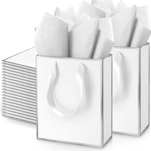 Vista 16 de Yeaqee Paquete de 100 bolsas metálicas de regalo con asa y papel de seda de papel de seda dorado para graduación, boda, padrinos de boda, regalos