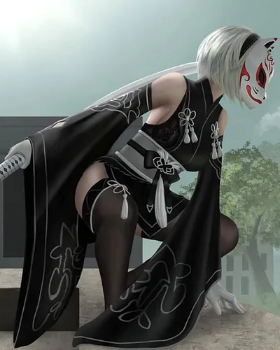 Vista 4 de Disfraz 2B de NieR Automata YoRHa No.2 tipo B Kimono traje de anime Halloween mujer disfraz máscara de zorro