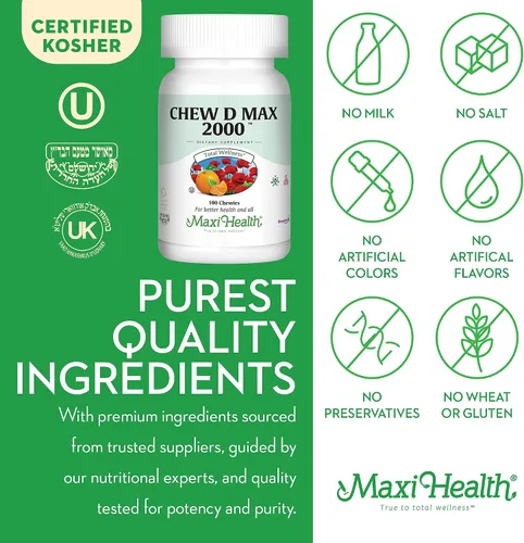 Vista 6 de Maxi Health Suplemento masticable de vitamina D3 de 2000 UI – Delicioso sabor natural de goma de mascar – Apoya la absorción de calcio, la salud