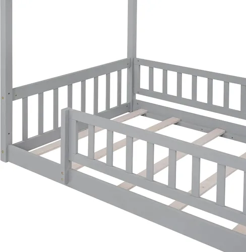 Vista 8 de MERITLINE Cama individual Montessori para niños, marco de cama individual Montessori con rieles y techo, no necesita somier, para niños, Gris