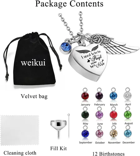 Vista 6 de weikui Collar de urna de corazón para cenizas con ala de ángel, 12 piedras de nacimiento, colgante conmemorativo de cremación, joyería de recuerdo