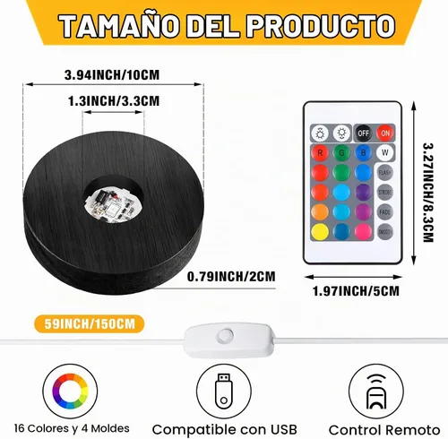 Vista 4 de 2 piezas de base de luz LED de madera, base de exhibición LED para arte de vidrio, cristal, resina acrílica, 16 luces USB de colores con control