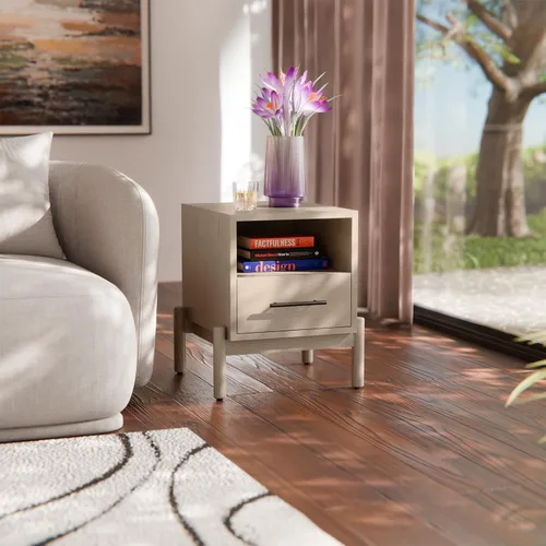 Vista 6 de Bme Lyra Mesita de noche, mesa auxiliar de madera maciza, fácil montaje, con 2 cajones de almacenamiento para sala de estar y dormitorio, moderna