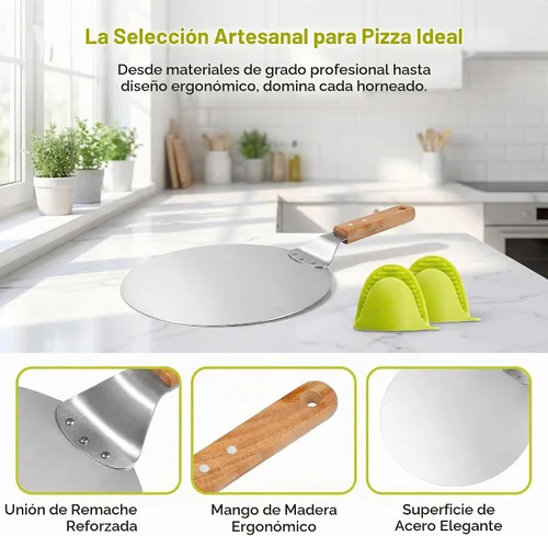 Vista 3 de KSENDALO - Levantador de pizza, 10 pulgadas con mango de madera, espátula de pizza inoxidable, bandeja para hornear pizza casera