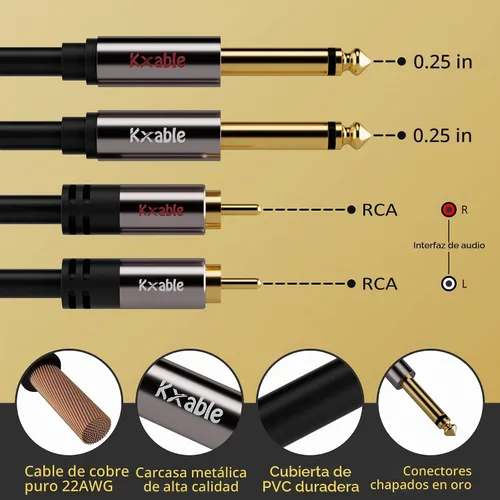 Vista 2 de Cable RCA a 1/4 de pulgada de 4 pies, cable de interconexión de audio estéreo dual TS de 1/4 de pulgada a RCA dual, 23 AWG, 0.079 x 0.250 in