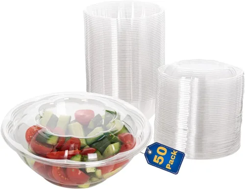 Vista 13 de Ensaladeras desechables de plástico con tapas herméticas, ideales para preparación de comidas, comida para llevar, catering, fiestas, picnics