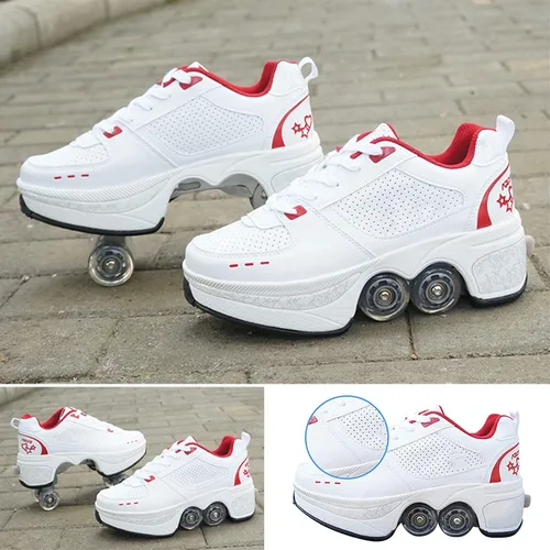 Vista 6 de Zapatos de patinaje convertibles para hombres y mujeres, zapatos de paseo automáticos para niños y adultos, patines con doble fila de ruedas, ruedas