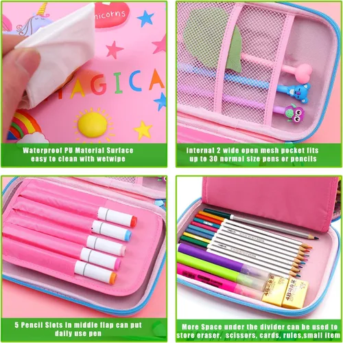 Vista 4 de SOOCUTE Regalos de unicornio de corona para niñas, bonito estuche de tapa dura de gran tamaño con compartimento, organizador de suministros