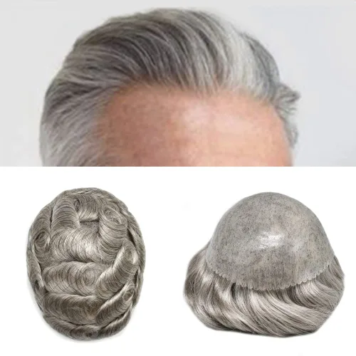 Vista 457 de Toupee para hombre 100% cabello humano real tupé para hombres 0.004 in piel de poliuretano para hombre, sistema de reemplazo de piezas de pelo