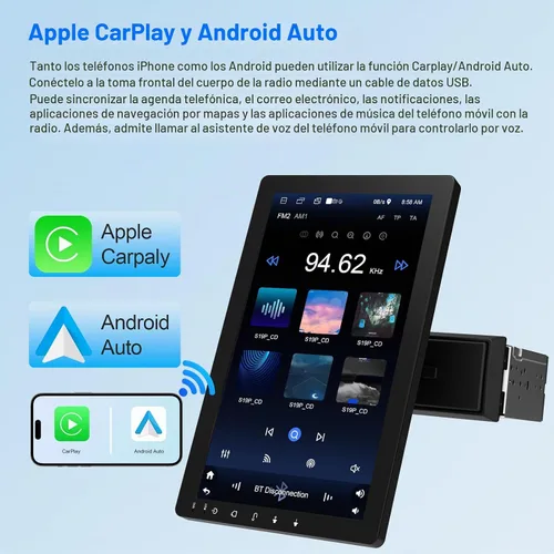 Vista 2 de Haudio Estéreo de coche DIN único de 10.1 pulgadas con Apple CarPlay inalámbrico y Android Auto, pantalla táctil flotante Android 13, pantalla