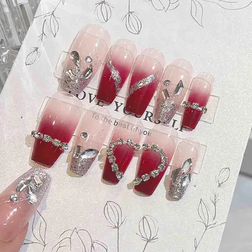 Vista 3 de RikView Uñas postizas largas a presión con diamantes de imitación 3D, uñas rojas brillantes de cobertura completa, 24 unidades por juego