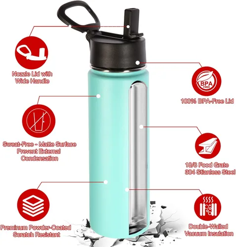 Vista 5 de Botellas de agua aisladas Volhoply con pajilla a granel, paquete de 8, de 22 onzas (650 ml), botella deportiva de acero inoxidable con asa y tapa