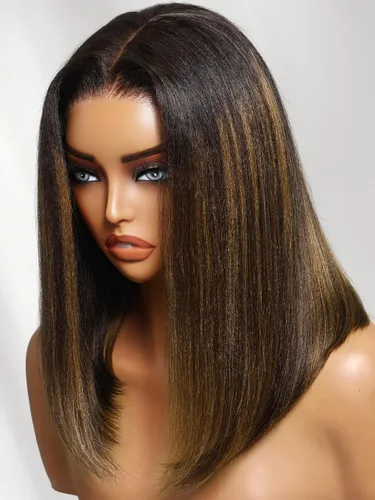 Vista 32 de UNICE Bye Bye Knots - Peluca de encaje precortada Yaki de 7 x 5, cabello humano castaño degradado, sin pegamento, previamente despuntada, nudos