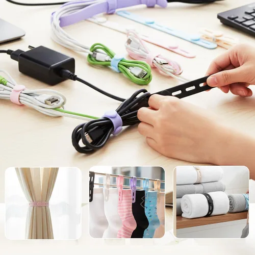 Vista 7 de Correas de silicona para cables, correa elástica para cargar auriculares, cargador de teléfono, cables de computadora, organizadores de cables