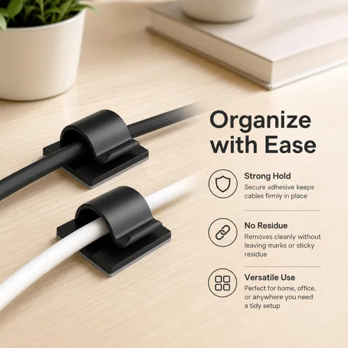 Vista 8 de 105 clips autoadhesivos para cables, clips de gestión de cables de pared negros, clip adhesivo para pared debajo del escritorio, abrazadera