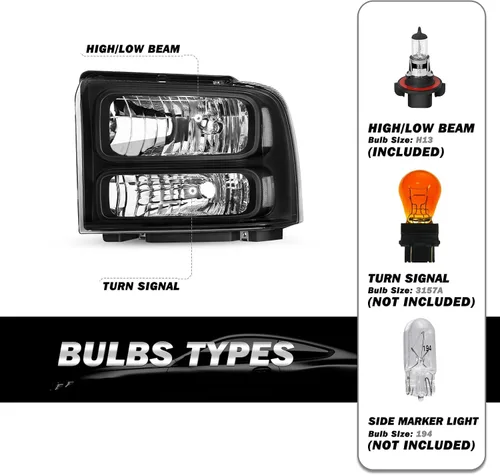 Vista 4 de SOCKIR - Juego de faros compatible con Ford F250 F350 F450 F550 Super Duty 1999-2004 / Ford Excursion 2000-2004, carcasa negra, reflector