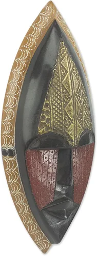 Vista 3 de NOVICA Máscara de pared africana de madera de Sese negra y roja con detalles de latón, 'Una bendición de paz