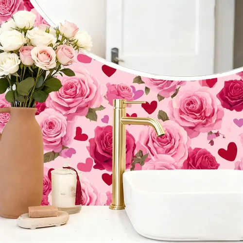 Vista 7 de Papel tapiz autoadhesivo para el día de San Valentín, diseño de rosas, diseño de corazón rosa floral, para decoración de pared de dormitorio, baño