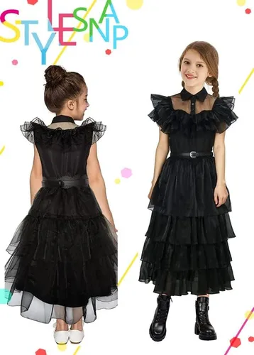 Vista 5 de Hkiytime Wednesday Addams - Disfraz de niña para cosplay, fiesta de disfraces