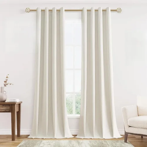 Vista 84 de Beige White Linen Blackout Curtains 90 Length 2 Panels Set for Living Room Bedroom, 100% Black Out Thermal Insulated Linen Drapes, Room Darkening
