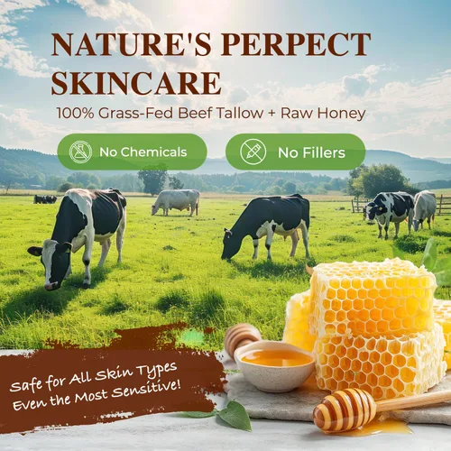 Vista 2 de Lupure Bálsamo de sebo de ternera para la piel, sargo de res alimentado con pasto batido con miel, hidratante facial orgánico y totalmente natural