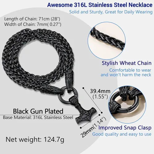 Vista 4 de PROSTEEL Thor Hammer/Thor Axe/Raven/Odin Necklace for Men Women Negro