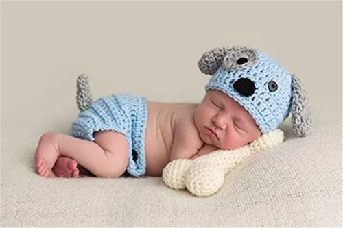 Vista 5 de Traje de bebé recién nacido, accesorios para fotos, trajes de ganchillo de punto azul con gorro de perro, pantalones cortos con hueso para niños