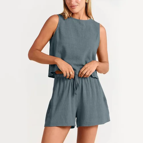 Vista 2 de Conjunto de 2 piezas para mujer, de verano, corto, sin mangas, con botones y pantalones cortos de cintura alta con bolsillos